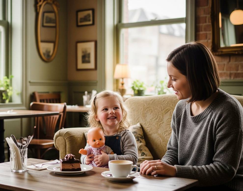Mama i córka spędzają quality time w kawiarni z ulubioną lalką i wózkiem dla lalek – ciepła, rodzinna chwila poza światem ekranów.